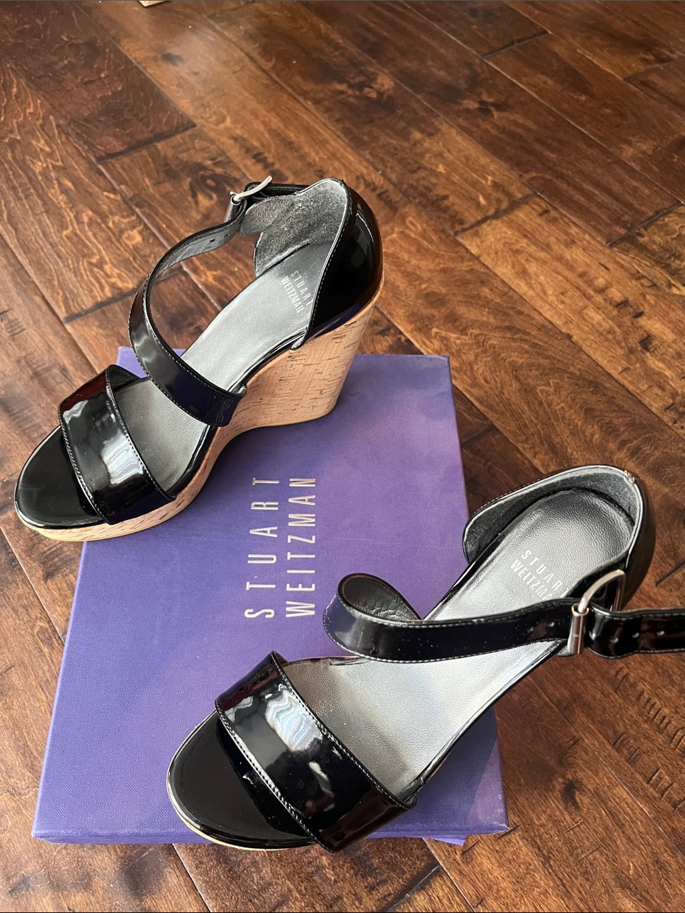 Stuart Weitzman Black Patent Cork Wedge Sandals with Ankle Strap - Picture 1 of 9